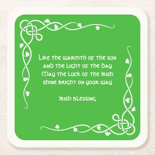 ケルト編み – 白と緑の賛美アイルランド語(#2) スクエアペーパーコースター (正面)