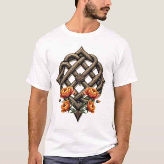 ケルト芸術と花の華麗さが温かい色調で表現されています。 Tシャツ (正面)