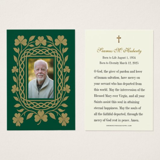 ケルト・シャムロック金ゴールド葬儀記念祈りの言葉カード (正面&裏面)