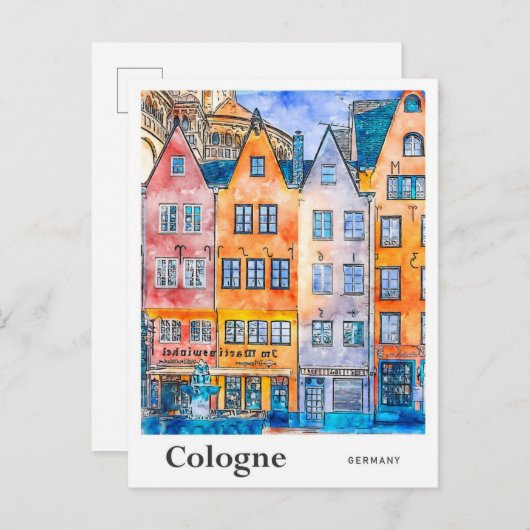 ケルンドイツ旅行水の色の手描き ポストカード (正面/裏面)