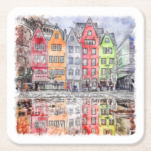 ケルンGermany手描き水彩画スケッチ スクエアペーパーコースター (正面)