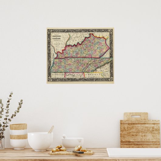 ケンタッキー州とテネシー州の郡地図 ポスター (キッチン)