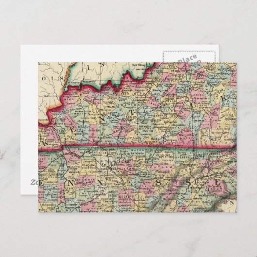 ケンタッキー州とテネシー州の郡地図 ポストカード (正面/裏面)