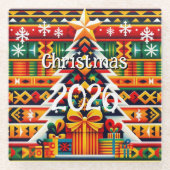ケンテ柄 クリスマス2026 フェスティブグラスコースター ガラスコースター (正面)