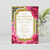 ケンテ結婚式招待状 – ブルーと金ゴールドケンテ 招待状 (スタンド正面)