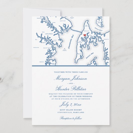 ケントアイランドメリーランドの地図デスティネーションウェディング 招待状 (正面)