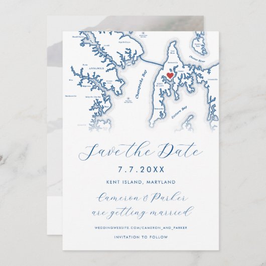 ケント島メリーランドの地図ネイビーブルー写真 セーブザデート (正面/裏面)