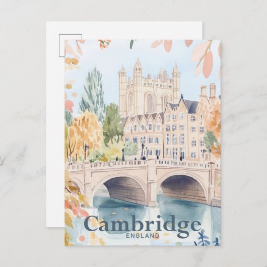 ケンブリッジイングランドウォーターカラートラベルイラストレーション ポストカード (正面/裏面)