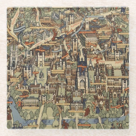 ケンブリッジ、イギリスの絵解き地図 ガラスコースター (正面)
