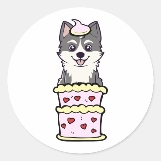 ケーキおもしろいから飛び出すハスキー ラウンドシール (正面)