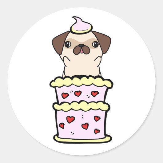 ケーキおもしろいから飛び出すパグ ラウンドシール (正面)