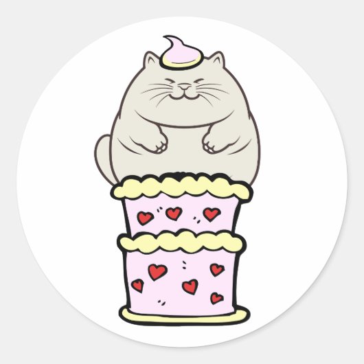 ケーキおもしろいから飛び出す太った猫 ラウンドシール (正面)