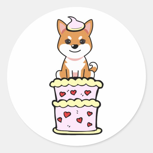 ケーキおもしろいから飛び出るオレンジ色の犬 ラウンドシール (正面)