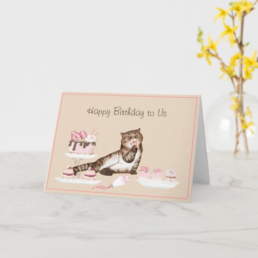 ケーキおもしろいとペストリーの入った猫 カード (黄色い花)