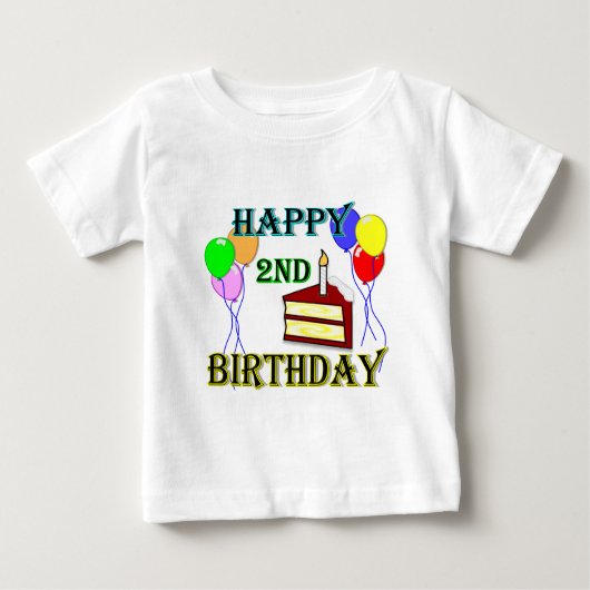 ケーキおよび気球が付いている幸せな第2誕生日のTシャツ ベビーTシャツ (正面)