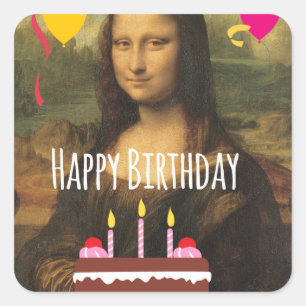 ケーキおよび気球とのモナ・リザの誕生日 スクエアシール
