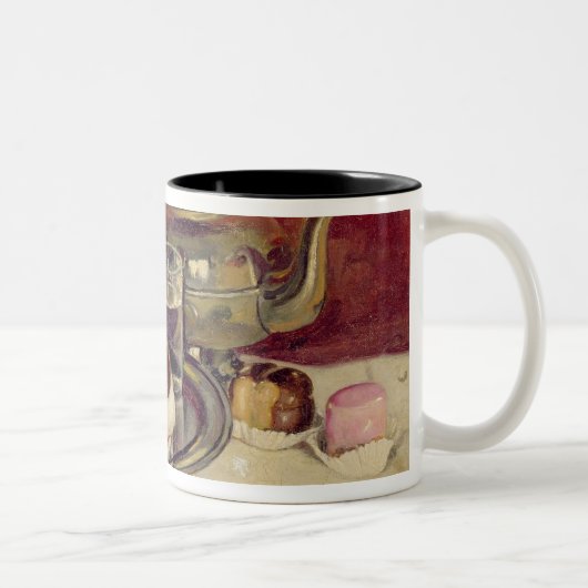 ケーキおよび銀のティーポット(油が付いている静物画 ツートーンマグカップ (右)