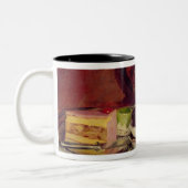 ケーキおよび銀のティーポット(油が付いている静物画 ツートーンマグカップ (左)