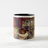 ケーキおよび銀のティーポット(油が付いている静物画 ツートーンマグカップ (中央)