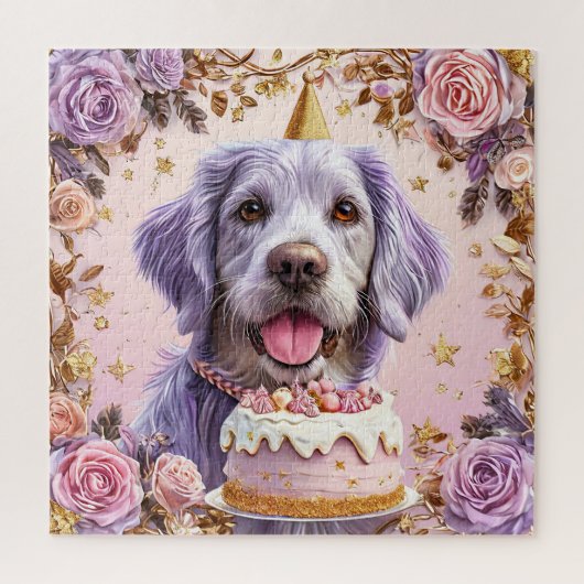 ケーキでお祝いする誕生日の愛らしい犬 ジグソーパズル (縦)