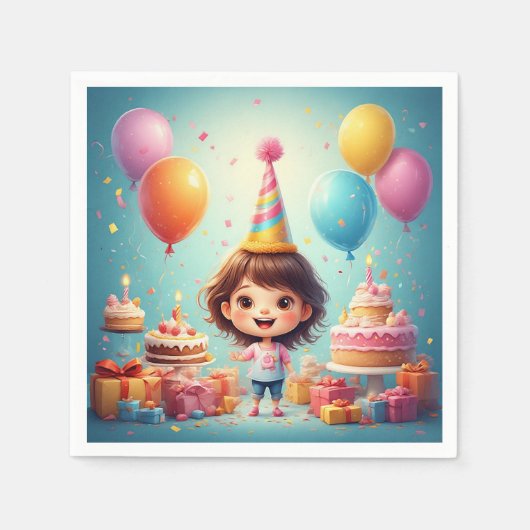 ケーキでお誕生日をお祝いする幸せな子供 スタンダードカクテルナプキン (正面)