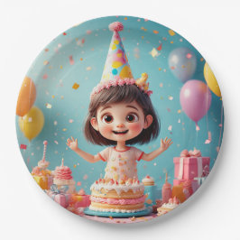 ケーキでお誕生日をお祝いする幸せな子供 ペーパープレート