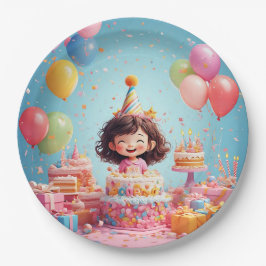 ケーキでお誕生日をお祝いする幸せな子供 ペーパープレート
