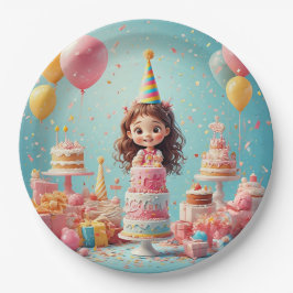 ケーキでお誕生日をお祝いする幸せな子供 ペーパープレート