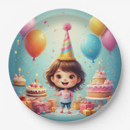 ケーキでお誕生日をお祝いする幸せな子供 ペーパープレート