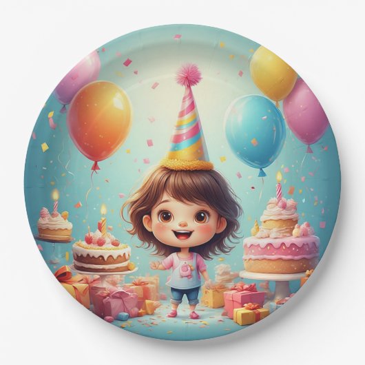 ケーキでお誕生日をお祝いする幸せな子供 ペーパープレート (正面)