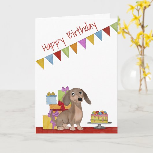 ケーキとギフト付き犬誕生日カード カード (黄色い花)