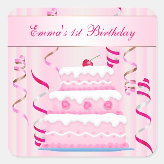ケーキとストリーマー誕生日シール スクエアシール (正面)
