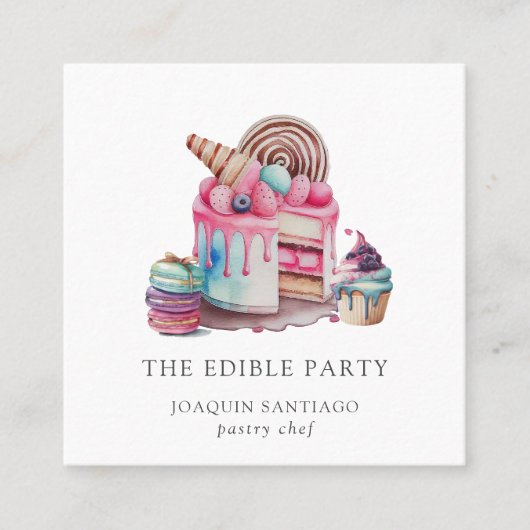 ケーキとデザートのパティシシェフベイカーの水の色バス スクエア名刺 (正面)