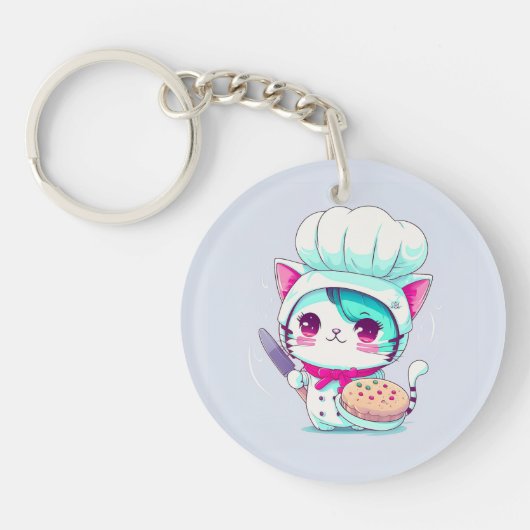 ケーキとナイフでかわいいベーカー生地のシェフ猫 | キーホルダー (正面)