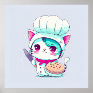 ケーキとナイフでかわいいベーカー生地のシェフ猫 ポスター