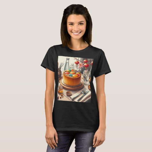 ケーキと卵を載せた花瓶が置かれたテーブル Tシャツ (正面フル)