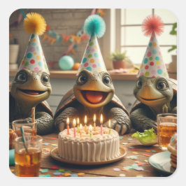 ケーキと帽子で誕生日を祝うカメたち スクエアシール