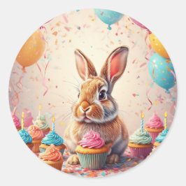 ケーキと楽しむ幸せなウサギ 🎉 かわいいお祝いデザイン ラウンドシール