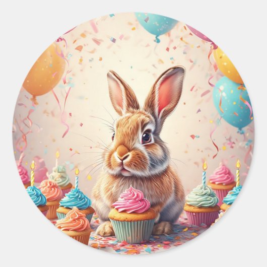 ケーキと楽しむ幸せなウサギ 🎉 かわいいお祝いデザイン ラウンドシール (正面)