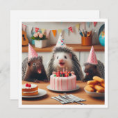 ケーキと祝一緒に楽しいヤマアラシの誕生日 招待状 (正面/裏面)