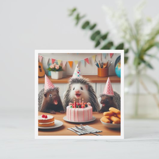 ケーキと祝一緒に楽しいヤマアラシの誕生日 招待状 (スタンド正面)