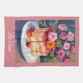 ケーキと花の水彩画 – おしゃれなインテリア キッチンタオル (横)