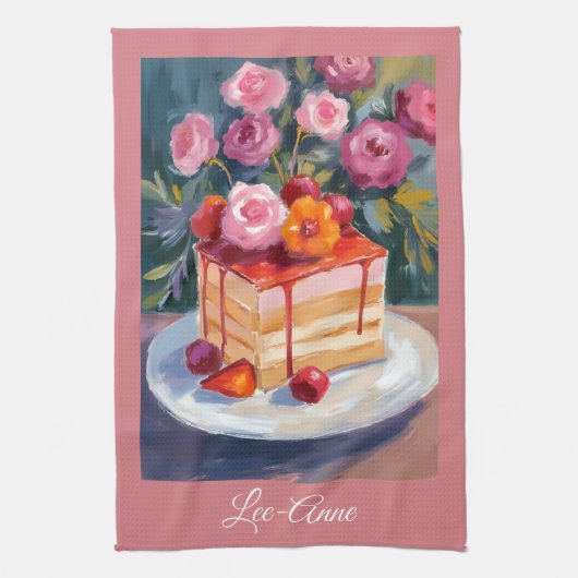 ケーキと花の水彩画 – おしゃれなインテリア キッチンタオル (縦)
