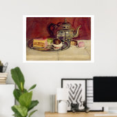ケーキと銀のティーポットを持つ静物詩(油オン) ポスター (ホームオフィス)