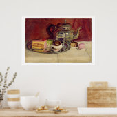 ケーキと銀のティーポットを持つ静物詩(油オン) ポスター (キッチン)