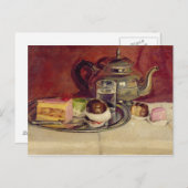ケーキと銀のティーポットを持つ静物詩(油オン) ポストカード (正面/裏面)