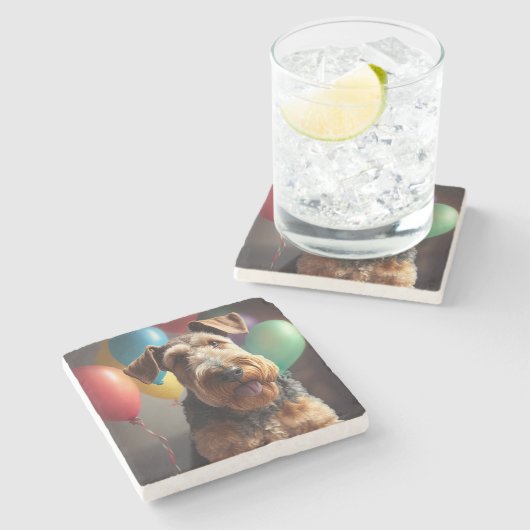 ケーキと風船で犬を愛撫する ストーンコースター (横)