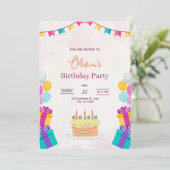 ケーキと風船の誕生日招待状、子供の誕生日 招待状 (スタンド正面)