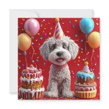 ケーキと風船の誕生日犬