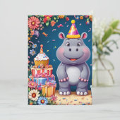 ケーキと風船を持ったカバの誕生日 招待状 (スタンド正面)